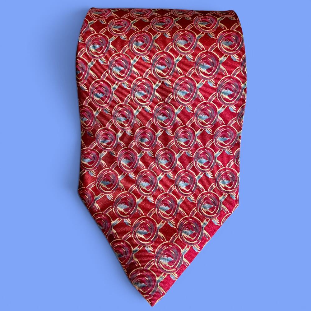 Valentino Cravatte Italy Silk Tie Red Geometric Wide 56"